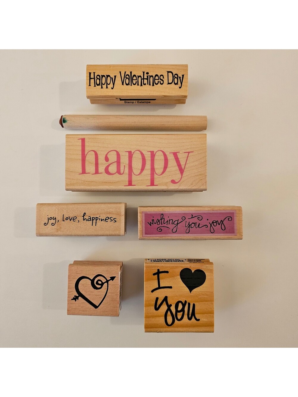 Lot of 7 Rubber Wood Mounted Stamps Love Happy Valentine's Hearts Joy Happiness